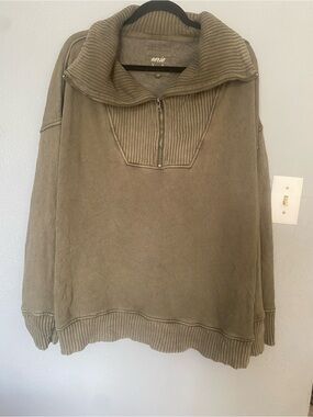 aerie  Olive Zip-Neck Ribbed Collar  Sweater XL